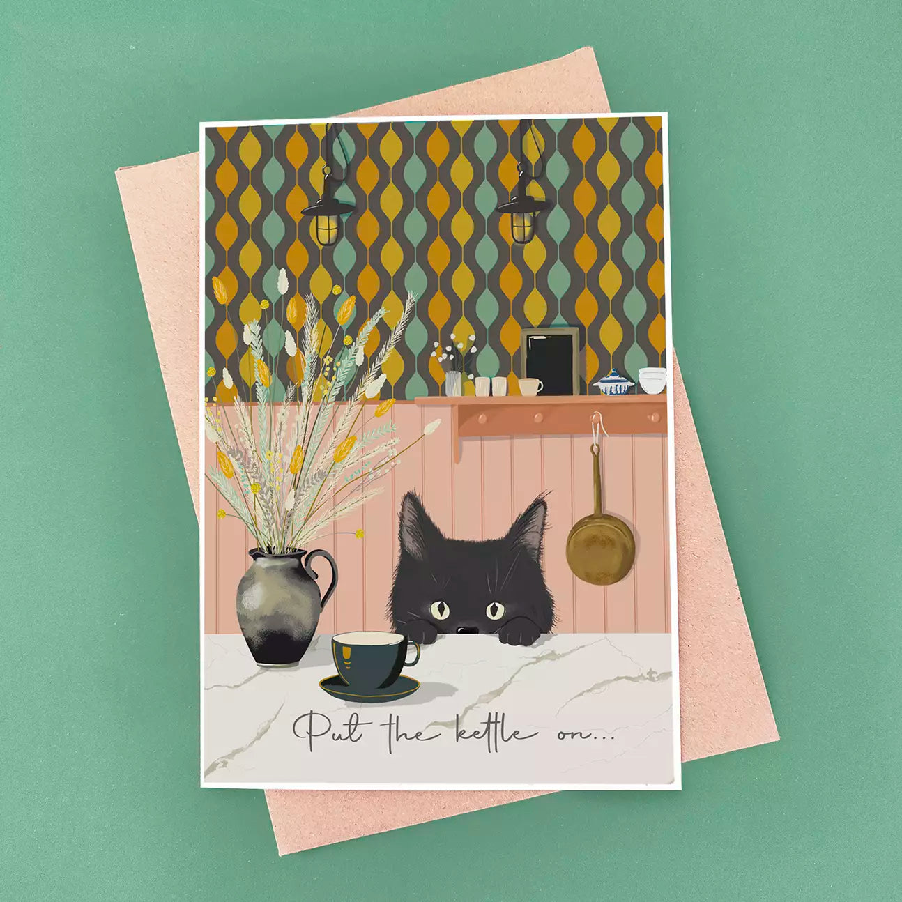 new home card, black cat and text 'put the kettle on' on patterned wallpaper background