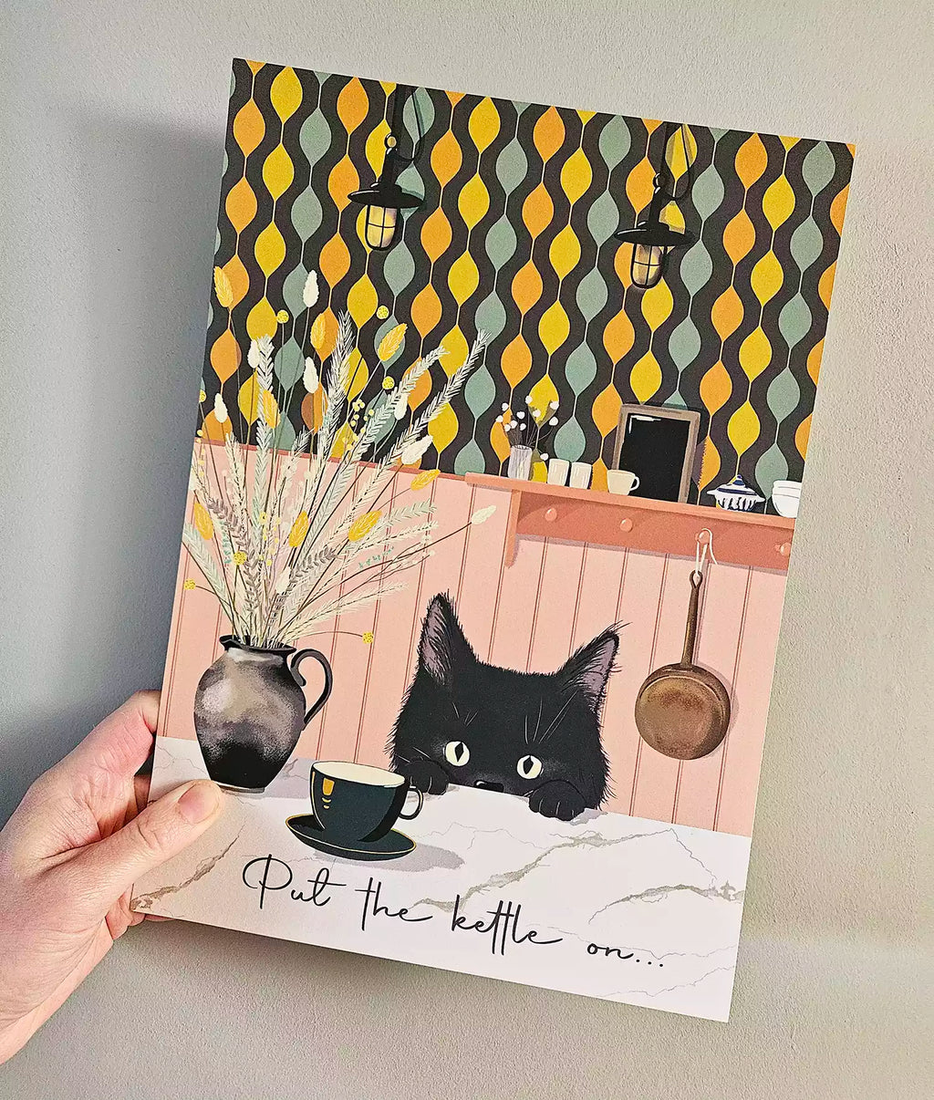Illustrated kitchen print with a cat and coffee cup design.