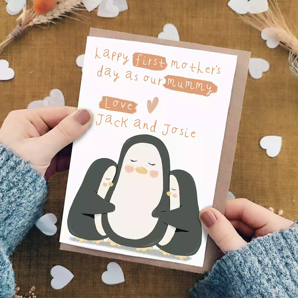 Twins First Mother's Day Card - Personalised Penguin