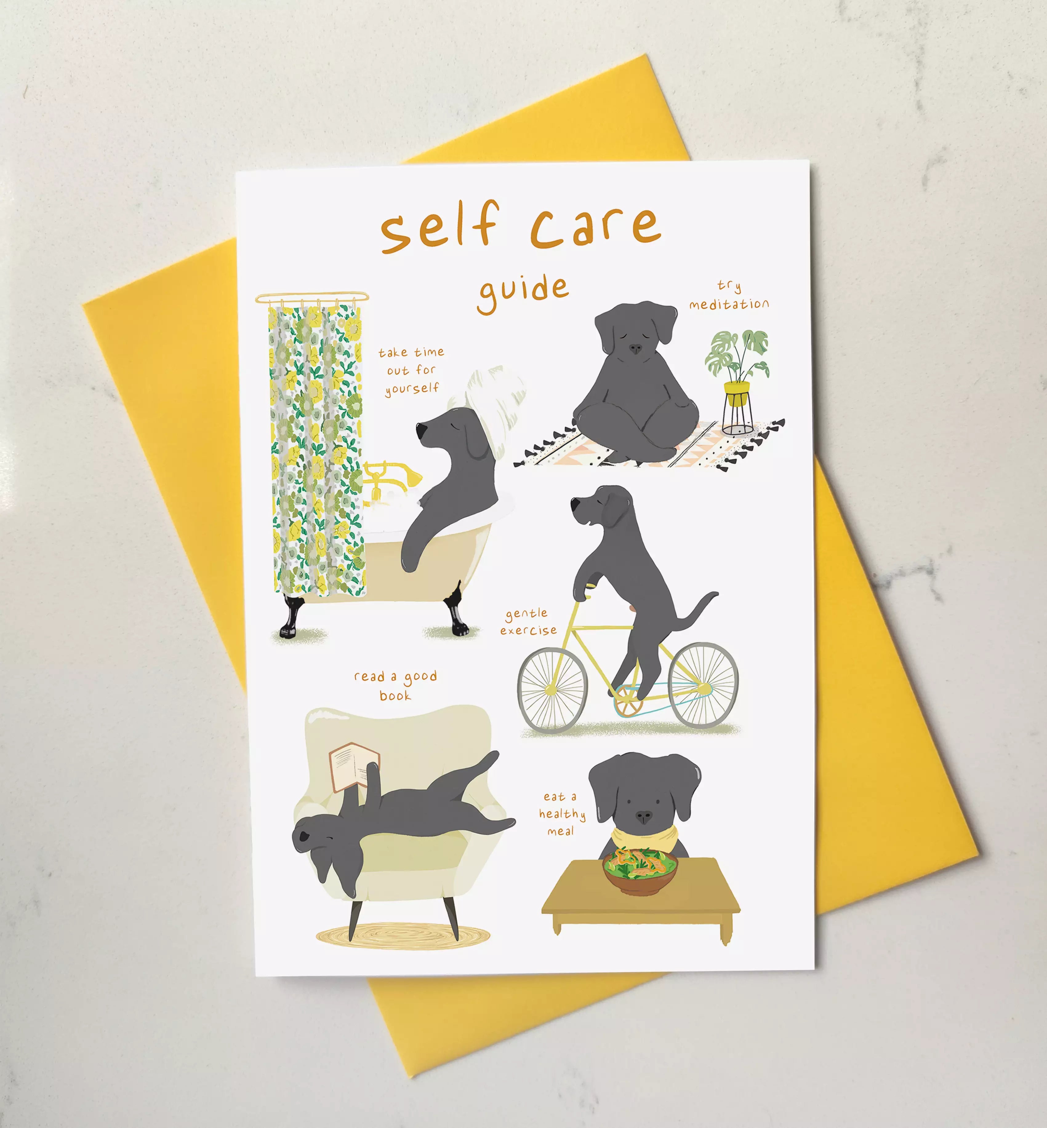 get well soon card with black labrador doing self care activities
