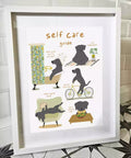 'self care guide' print with illustrations of dogs in various activities like reading and meditating. 