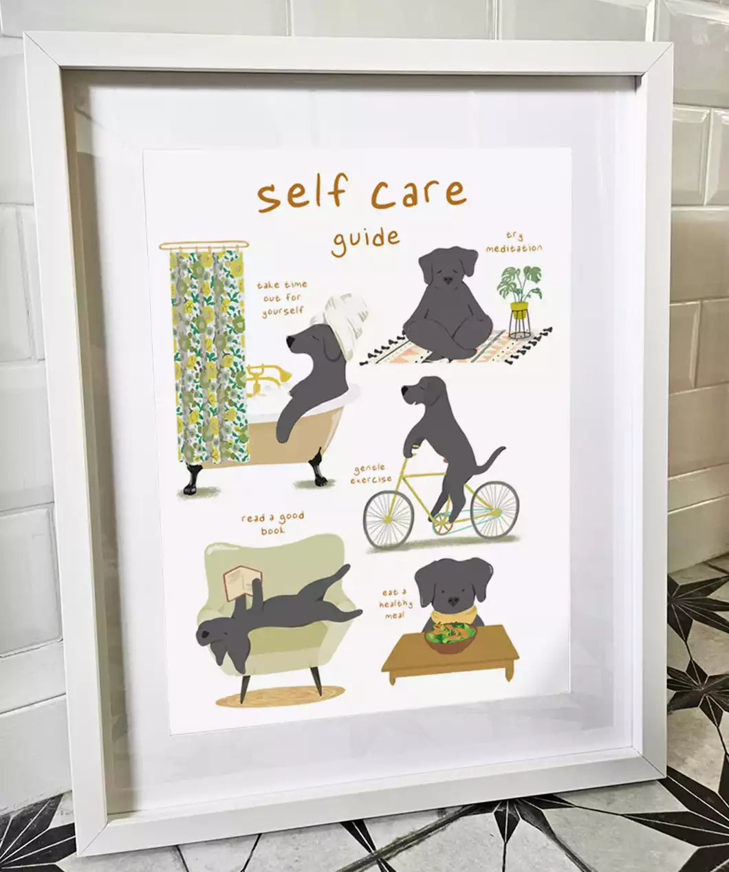 'self care guide' print with illustrations of dogs in various activities like reading and meditating. 