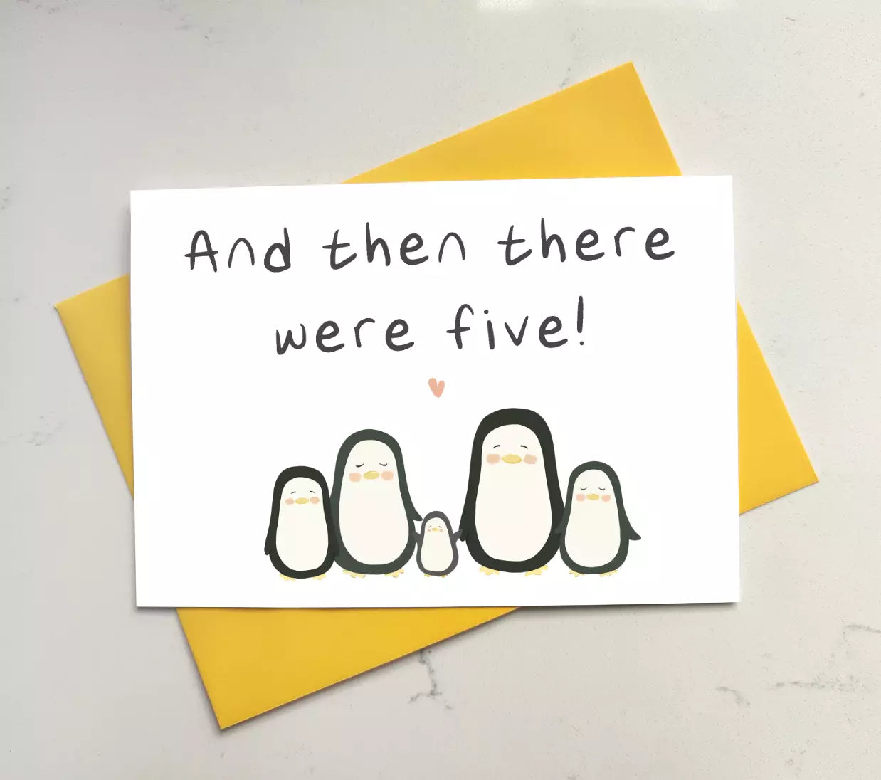 New baby card featuring five penguins and text 'then there were five'