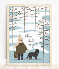 dog and owner print, in a simple wintery scene, text reads 'Where shall we go?'