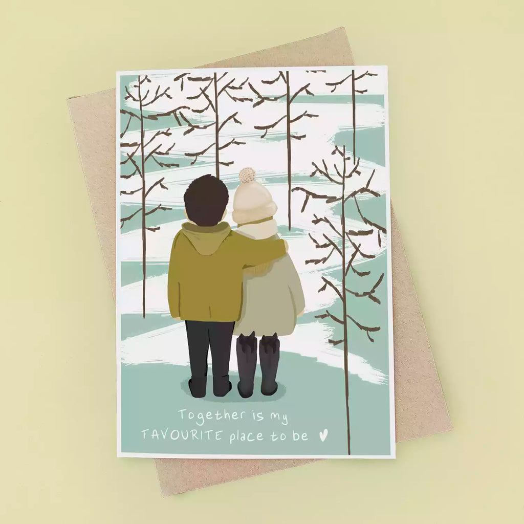 couple standing in winter tree scene and text 'together is my favourite place'