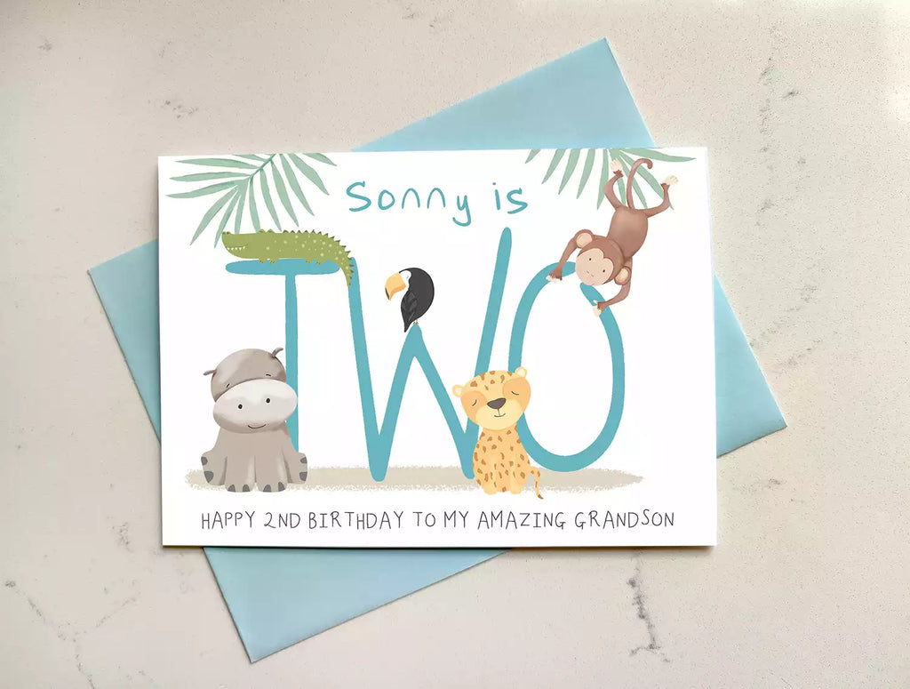 jungle themed 2nd birthday card, personalised with name and who it's from.