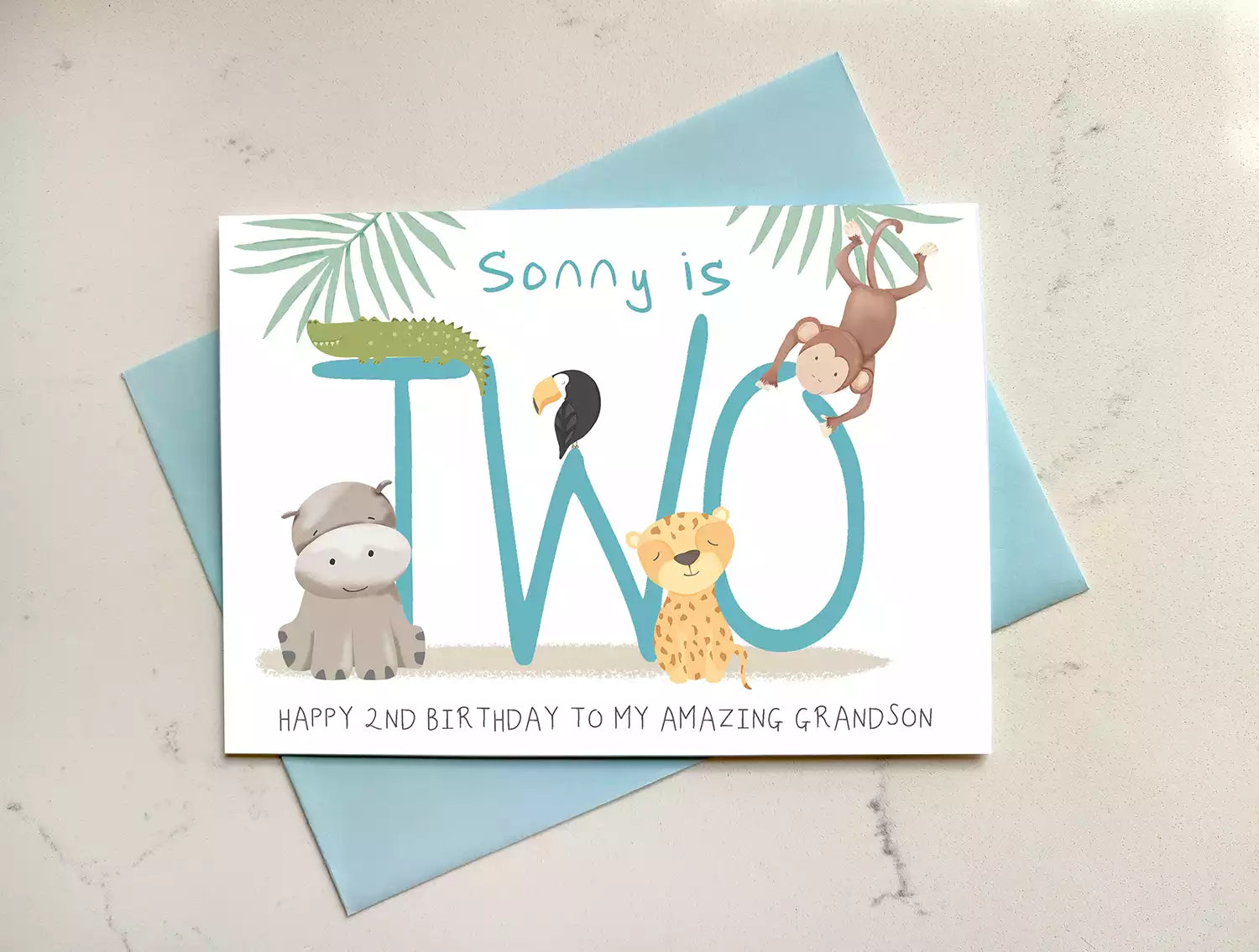 jungle themed 2nd birthday card, personalised with name and who it's from.