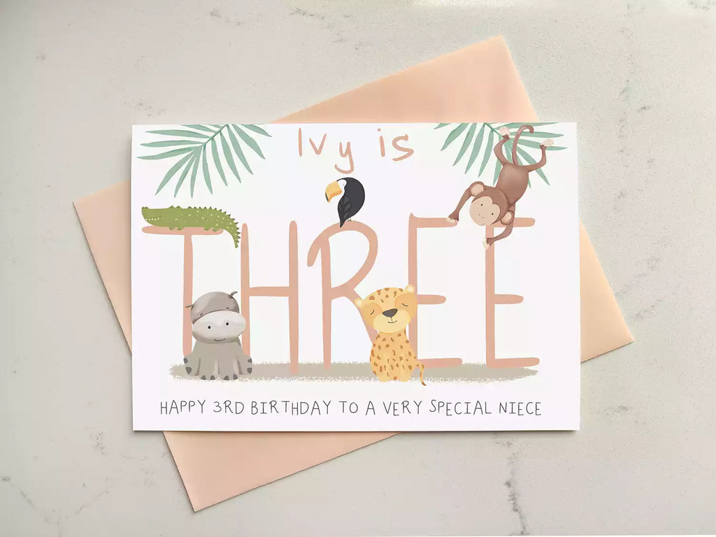 jungle themed 3rd birthday card, personalised with name and who it's from.