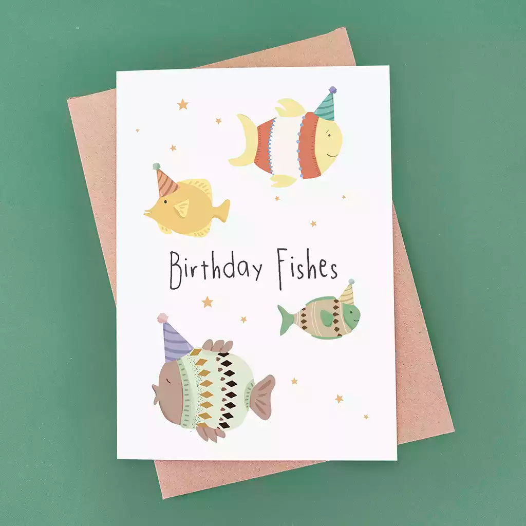birthday card with fish and pun 'birthday fishes' personalised with name