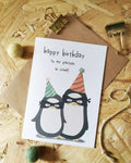 birthday card to your partner in crime. features two penguins in burglar masks