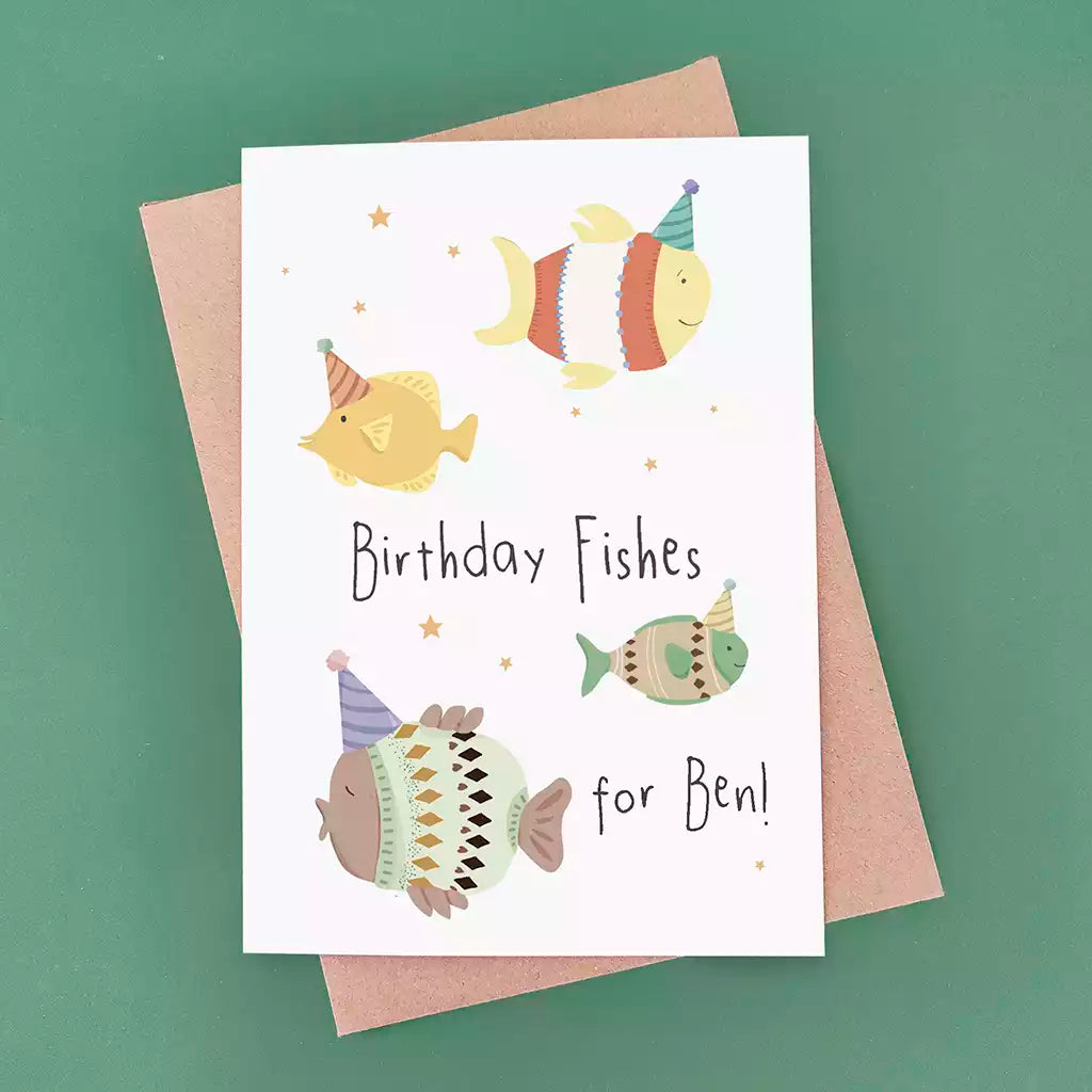 birthday card with fish and pun 'birthday fishes' personalised with name