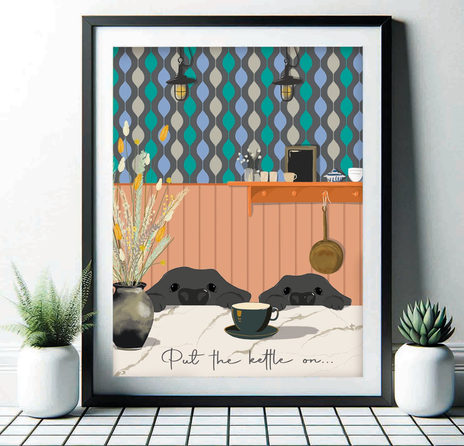 two labradors kitchen print, with patterned wallpaper background, text 'put the kettle on'