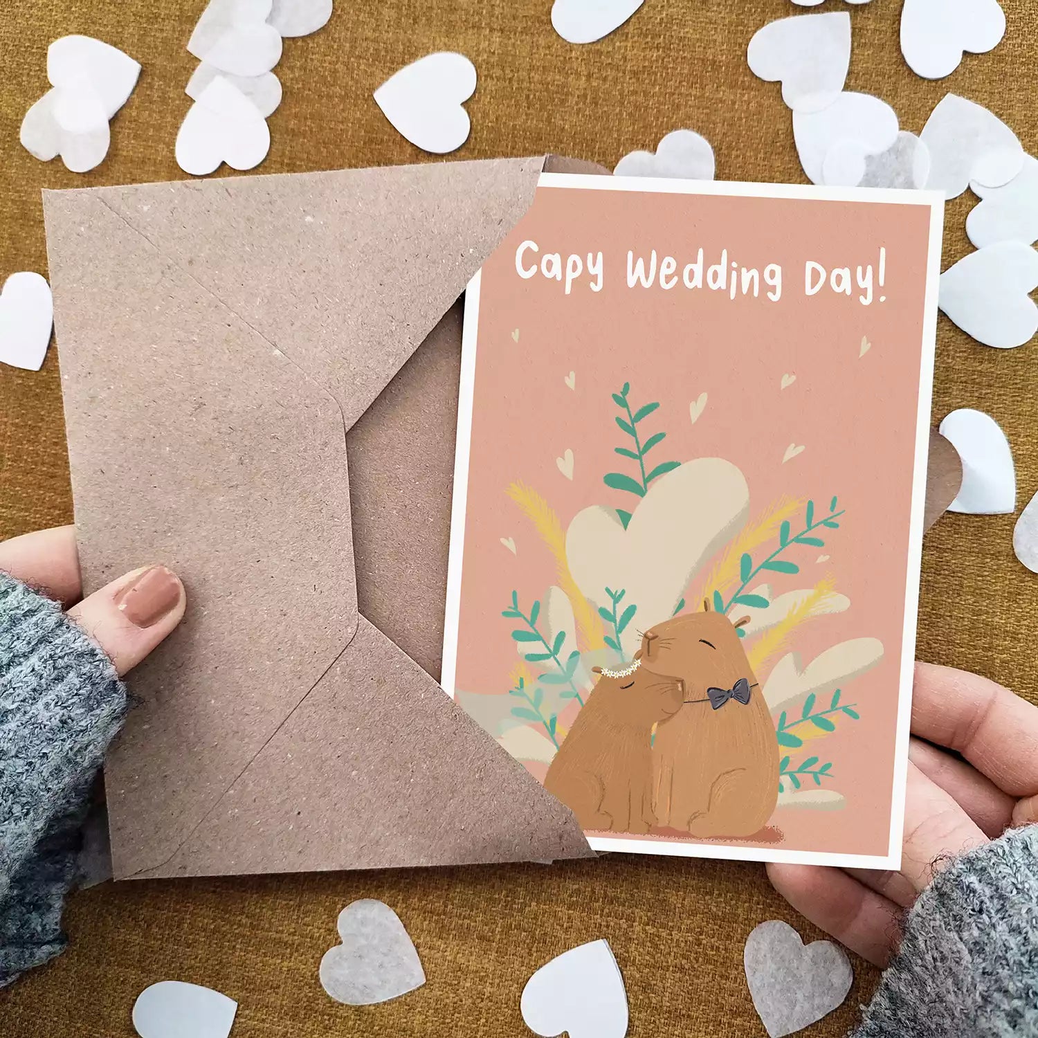 capybara couple wedding card reads 'Capy Wedding Day!' and personalised with names 