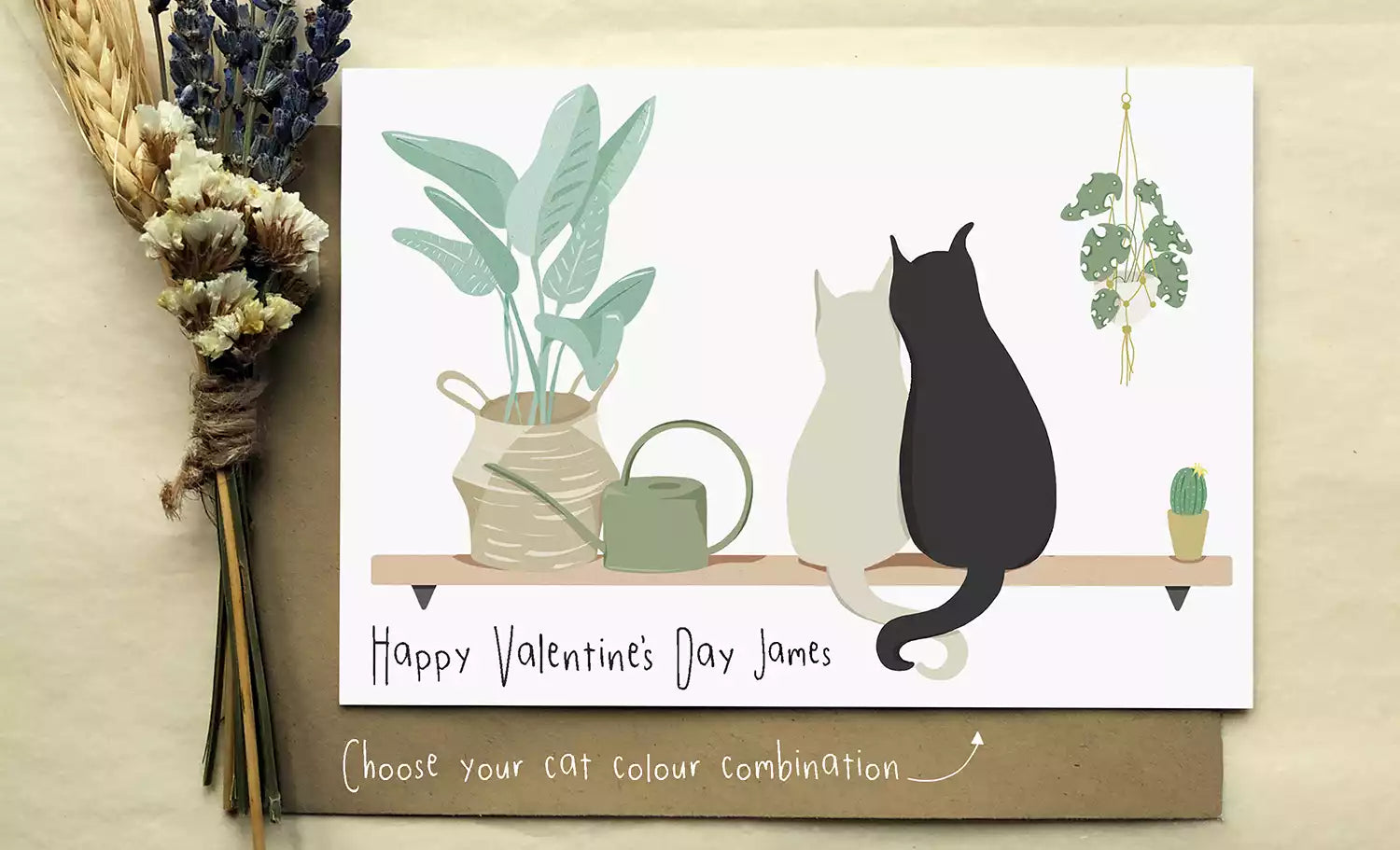 personalised valentines day card with 2 cats sitting  on a shelf