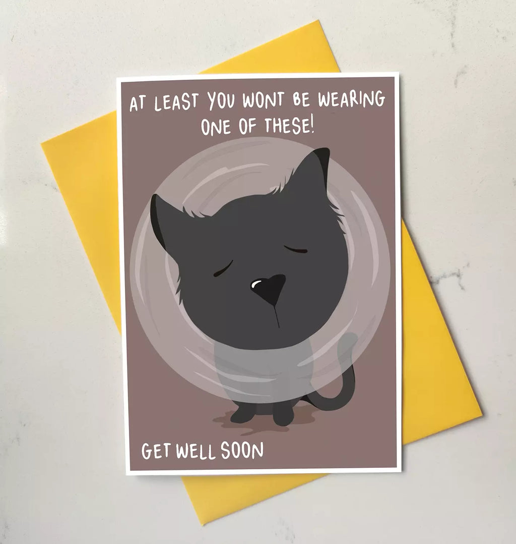 get well soon card with cat wearing cone of shame
