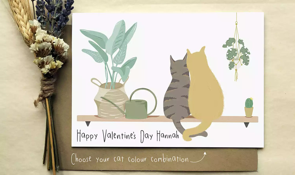 personalised valentines day card with 2 cats sitting  on a shelf