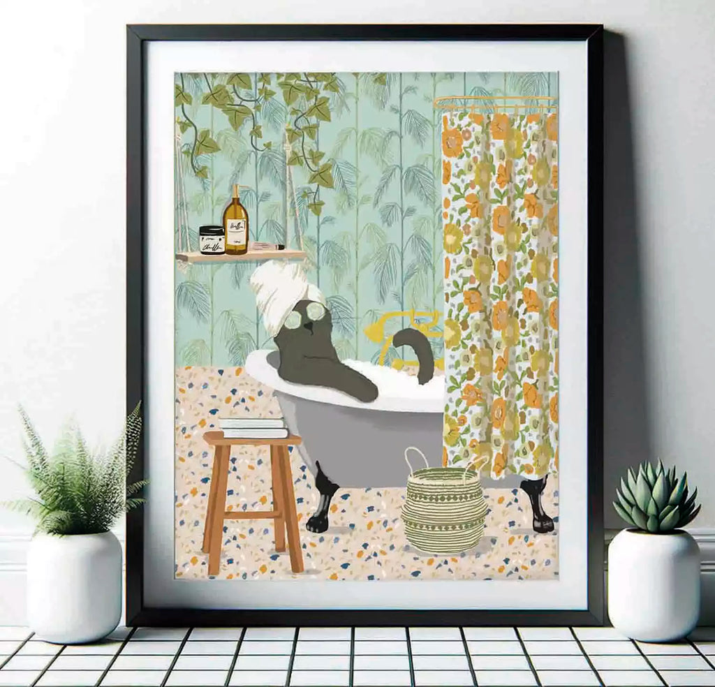 cat in the bath print with patterned background