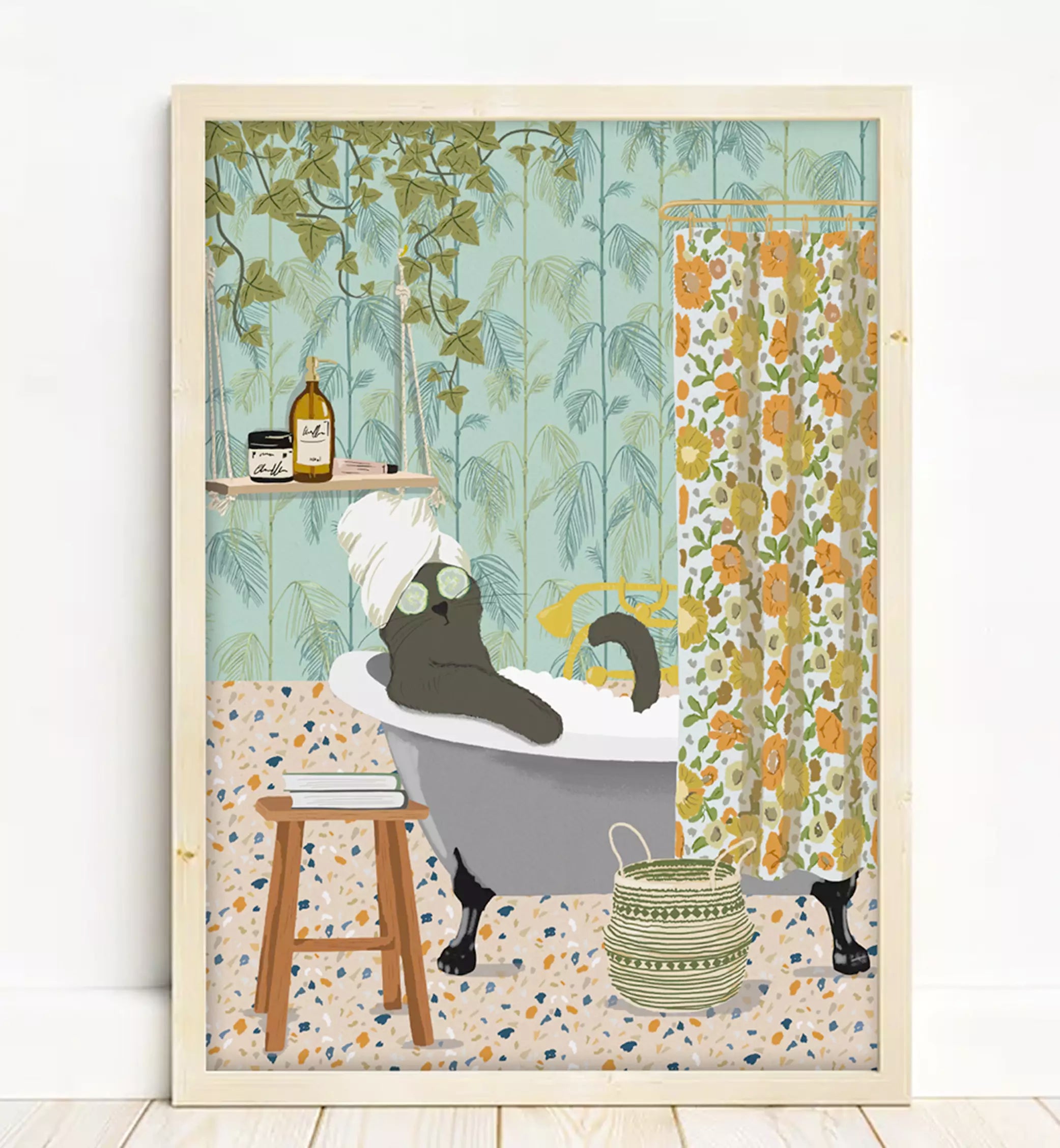 funny bathroom print with black cat in the bath and colourful patterned decor.