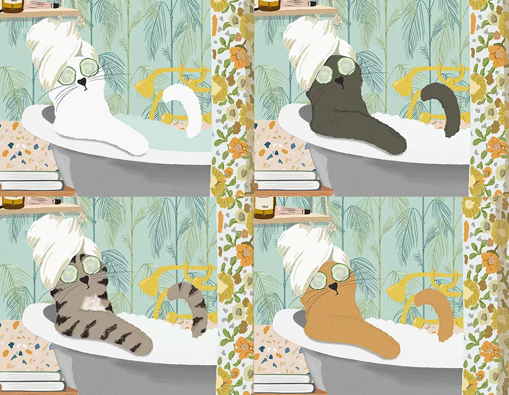cat in the bath print showing cat colour options like black white and ginger