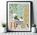 funny bathroom print with black cat in the bath and colourful patterned decor.