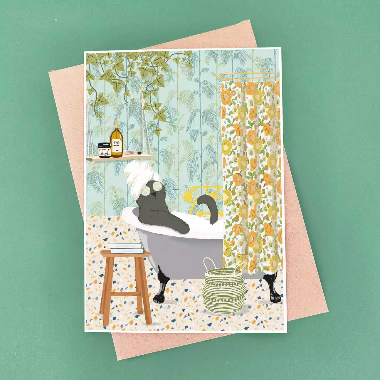 funny cat relaxing in the bath with patterned tiled background