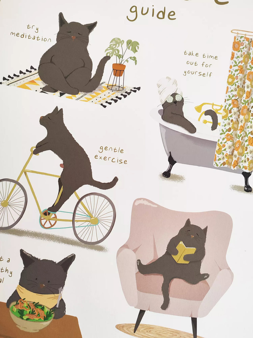'self care guide' print with illustrations of cats in various activities like reading and meditating. 
