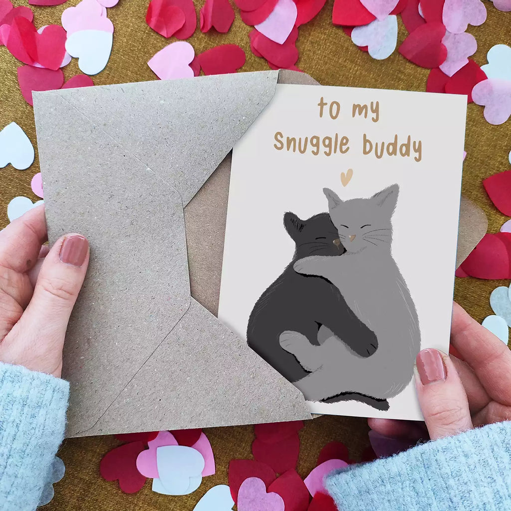 cats hugging and text 'to my snuggle buddy'