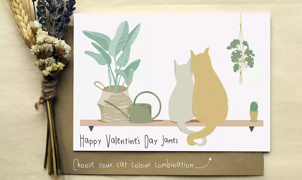 personalised valentines day card with 2 cats sitting  on a shelf