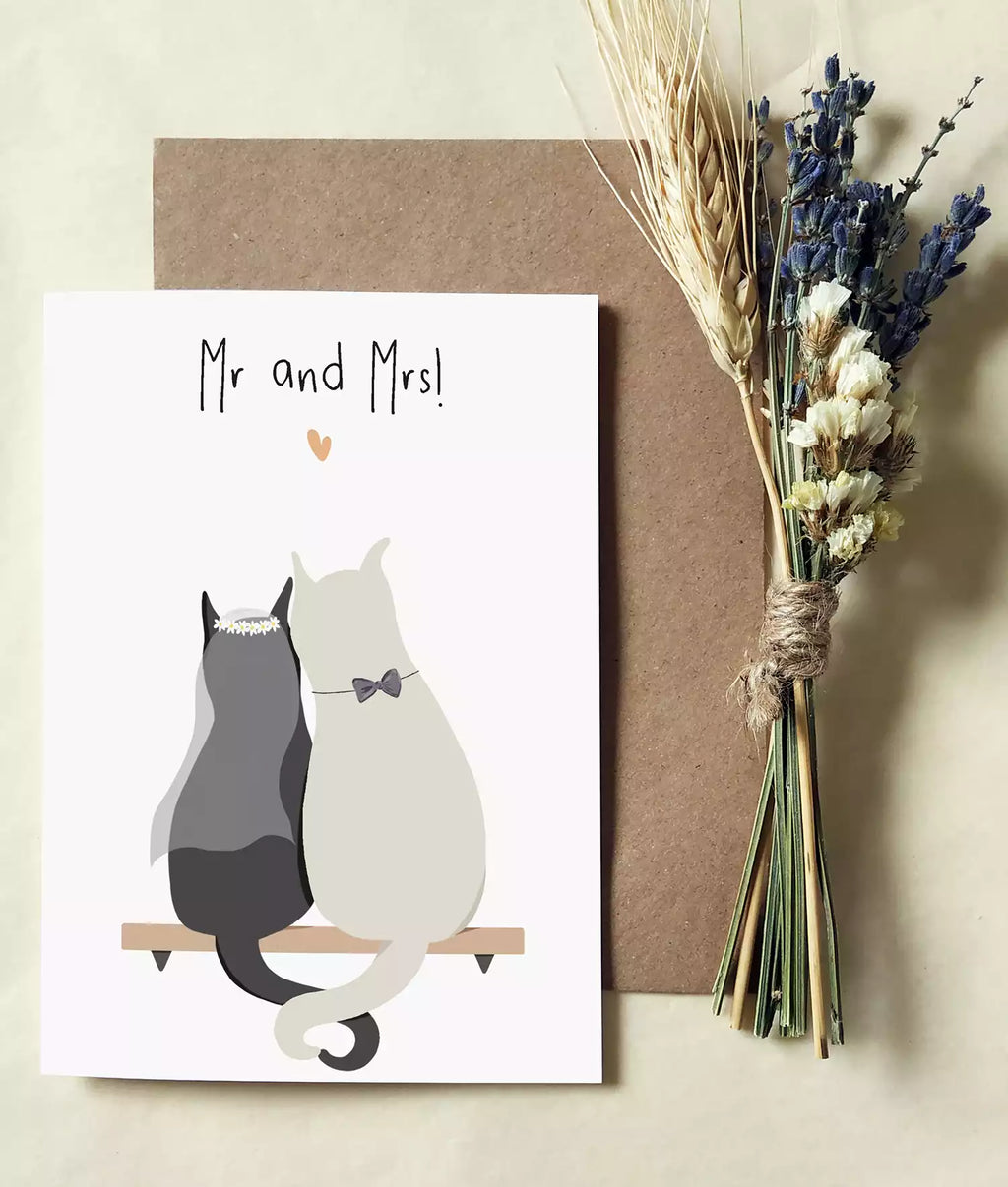 Wedding card with two cats and text 'Mr and Mrs!' Personalised with couple's names