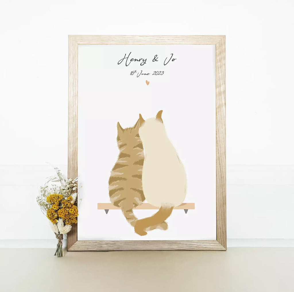 custom cat print for weddings and anniversaries. features two custom cats and text