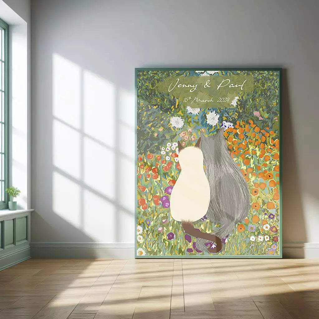 custom cat couple print with a floral background. Text includes name and date of couple's wedding