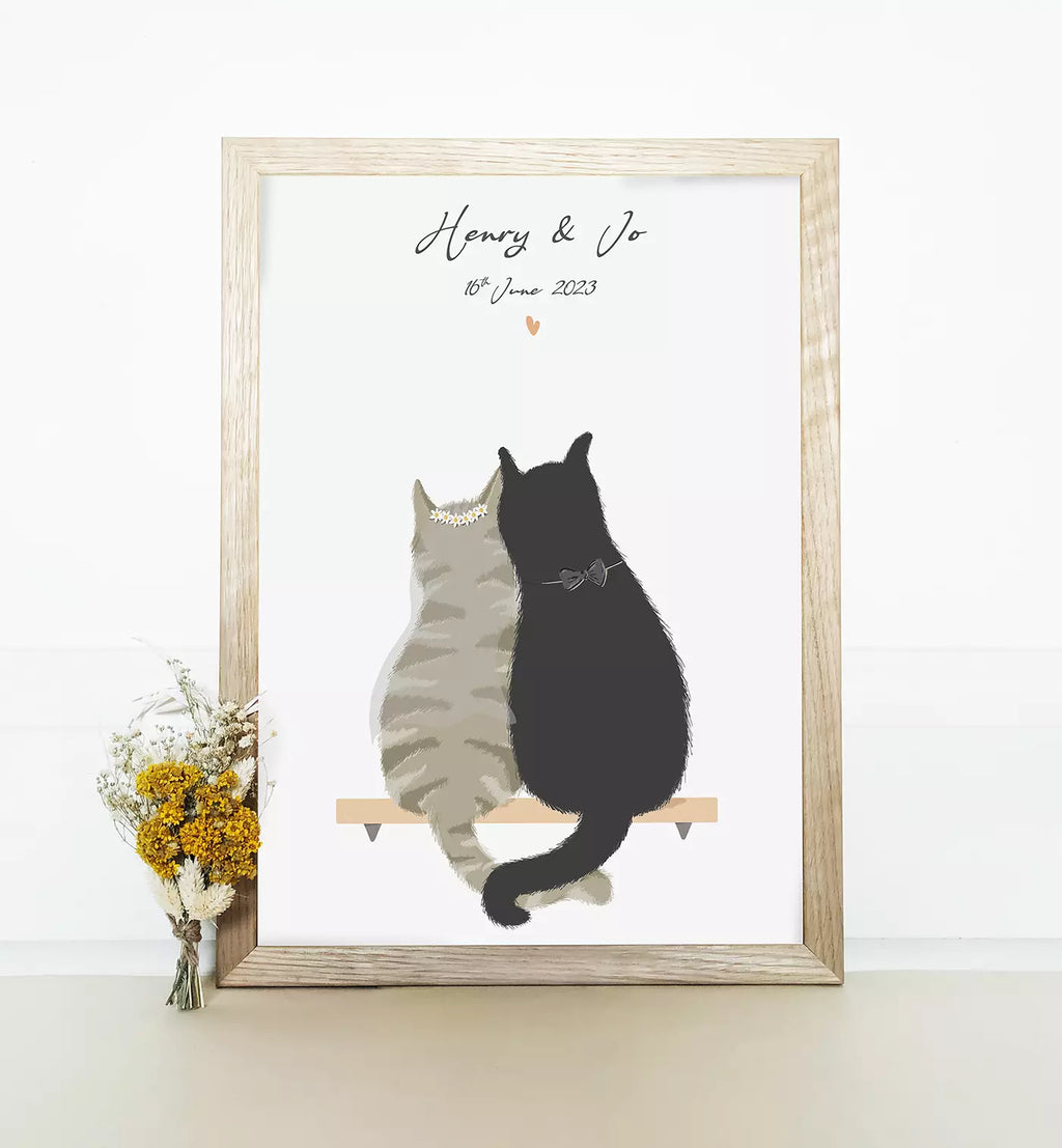 custom cat print for weddings and anniversaries. features two custom cats and text
