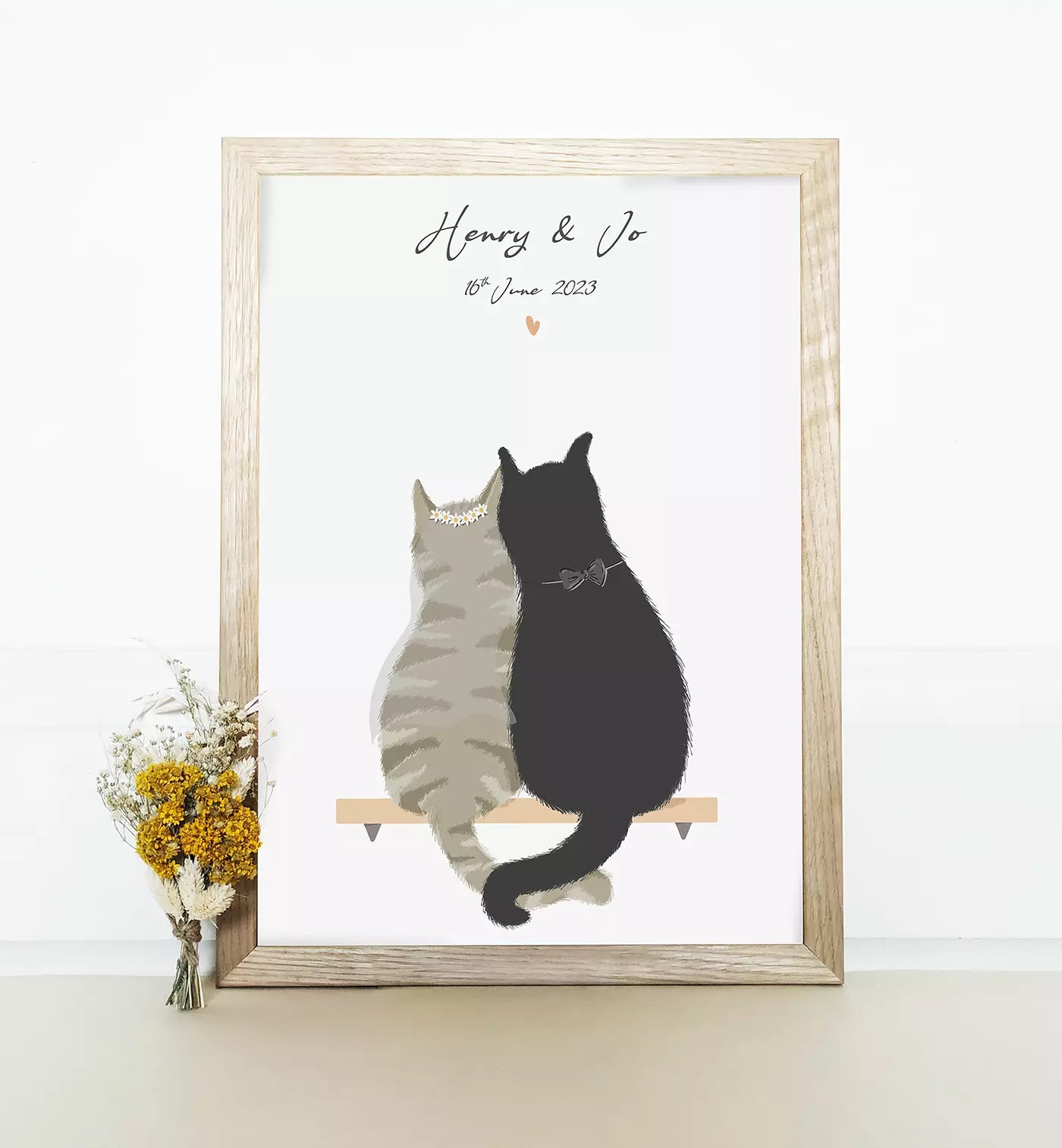 custom cat print for weddings and anniversaries. features two custom cats and text