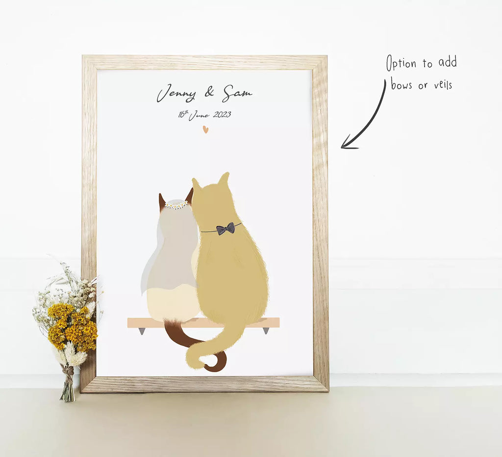 custom cat print for weddings and anniversaries. features two custom cats and text