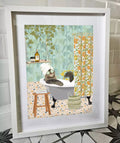 cat in the bath print with patterned background