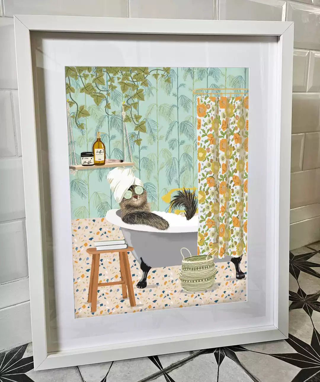 cat in the bath print with patterned background