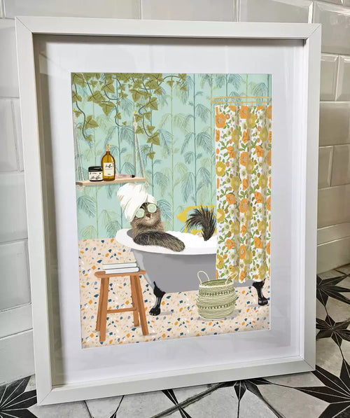cat in the bath print with patterned background