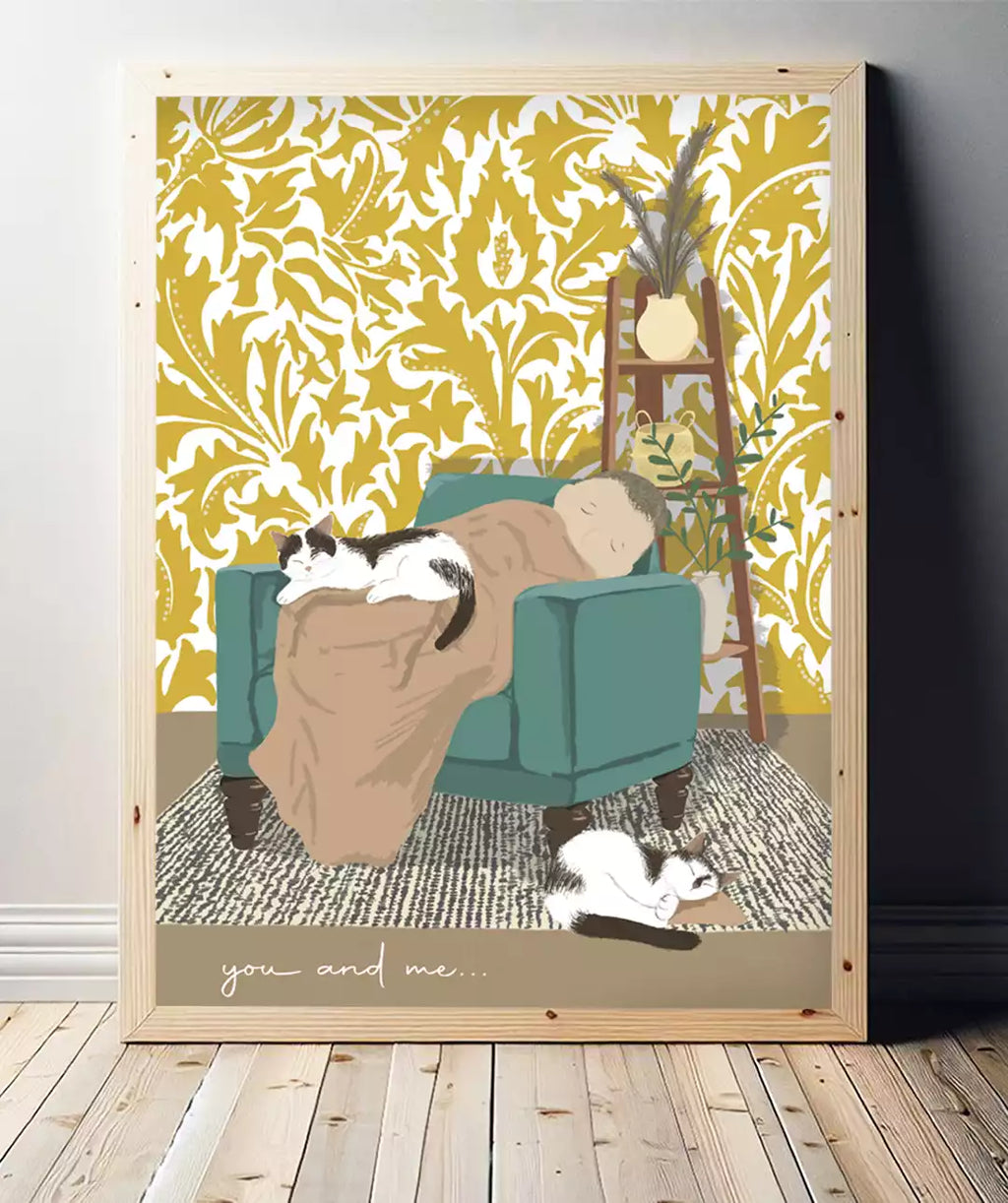 print showing cats sleeping on an armchair with their owner. pattern wallpaper background