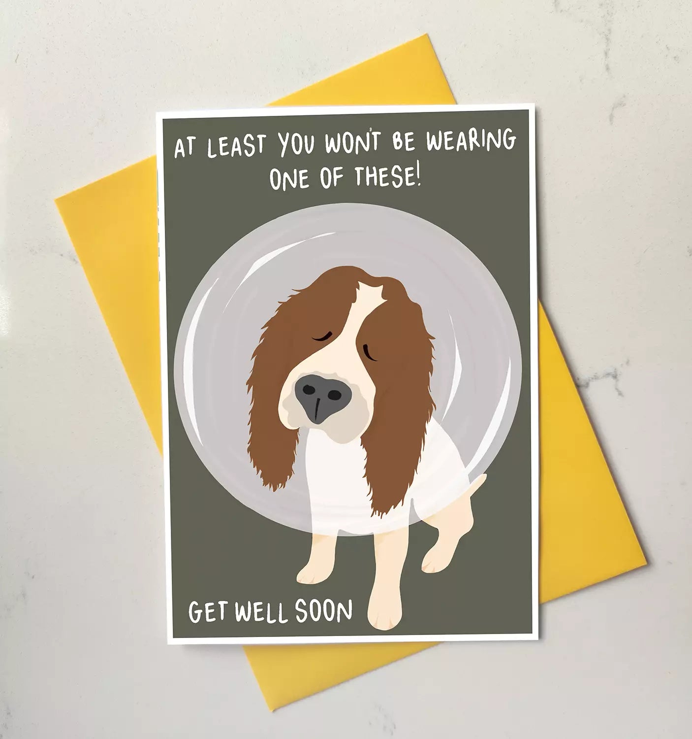 get well soon card with dog wearing cone of shame