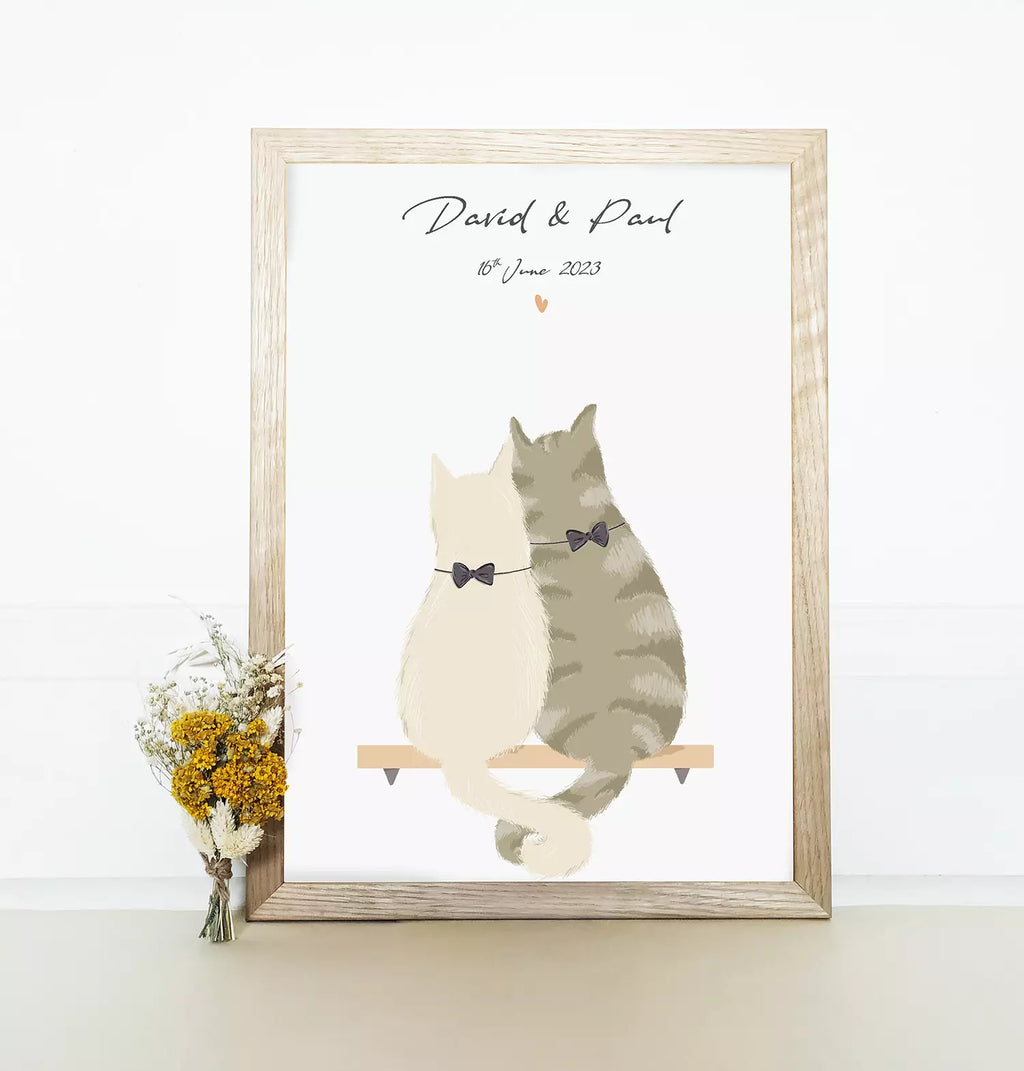 custom cat print for weddings and anniversaries. features two custom cats and text