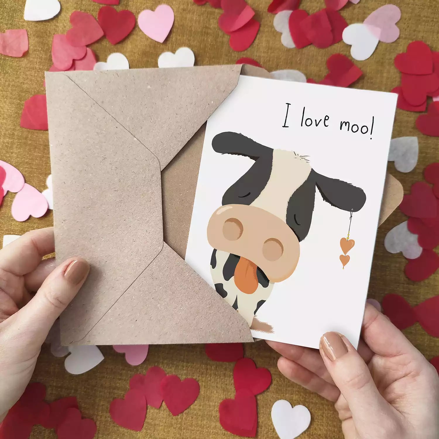 personalised funny card featuring cow and pun 'i love moo!'