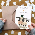 cow couple wedding card, text reads 'mr and mrs!' and personalised with couple's names