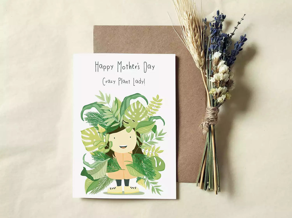 mother's day card with lady surrounded by leaves. Happy Mother's Day Crazy Plant Lady