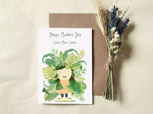 mother's day card with lady surrounded by leaves. Happy Mother's Day Crazy Plant Lady