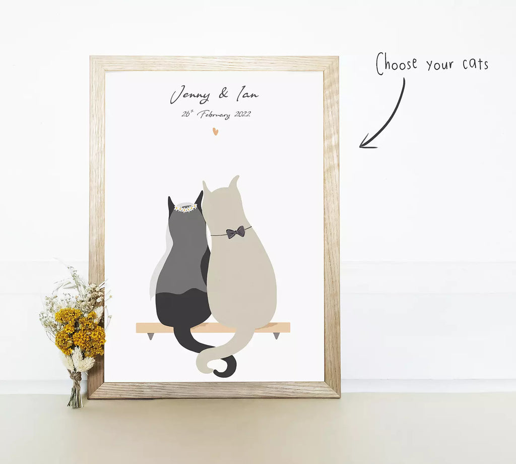 custom cat print for weddings and anniversaries. features two custom cats and text