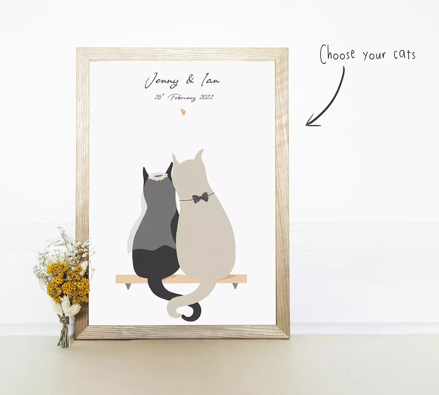 custom cat print for weddings and anniversaries. features two custom cats and text