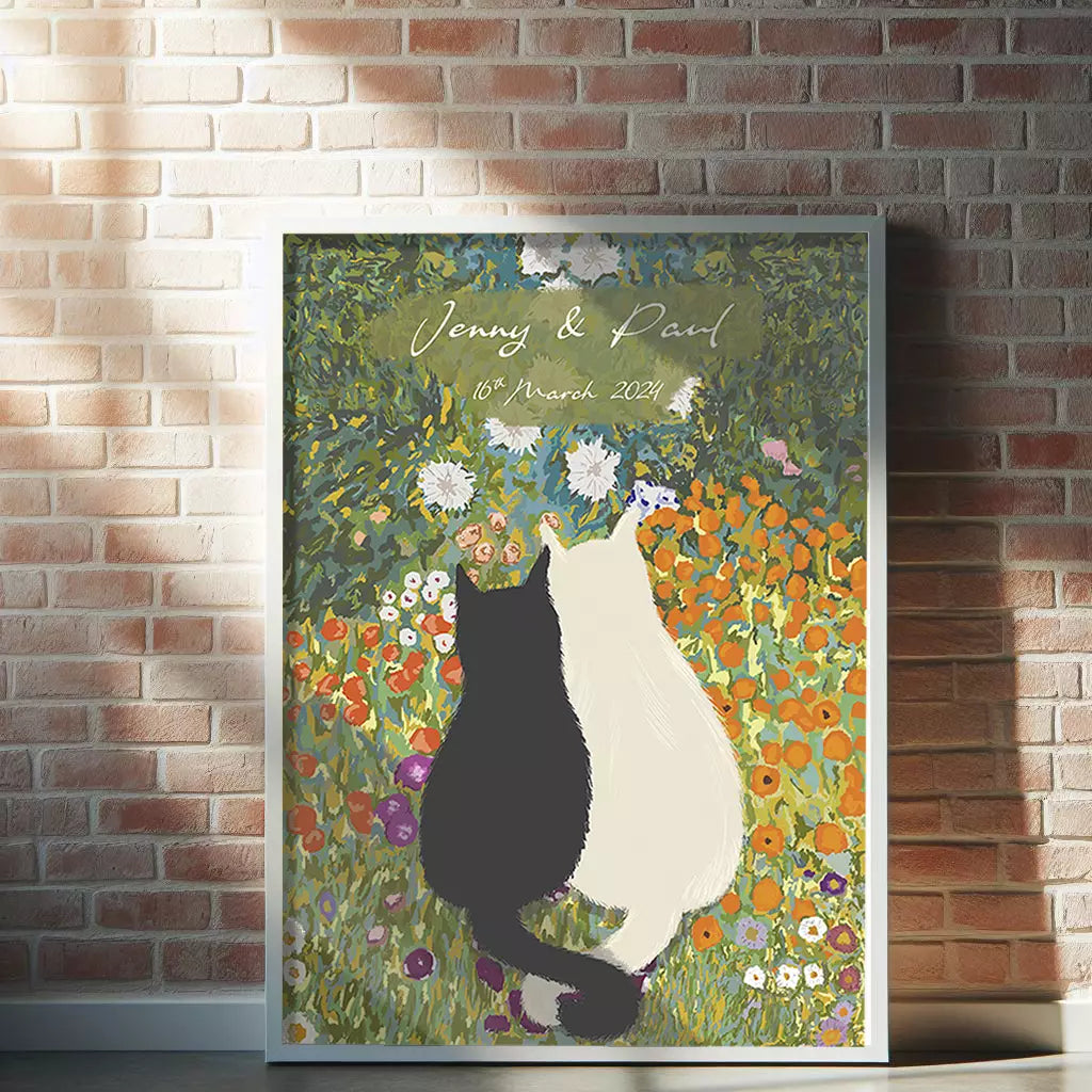 custom cat couple print with a floral background. Text includes name and date of couple's wedding