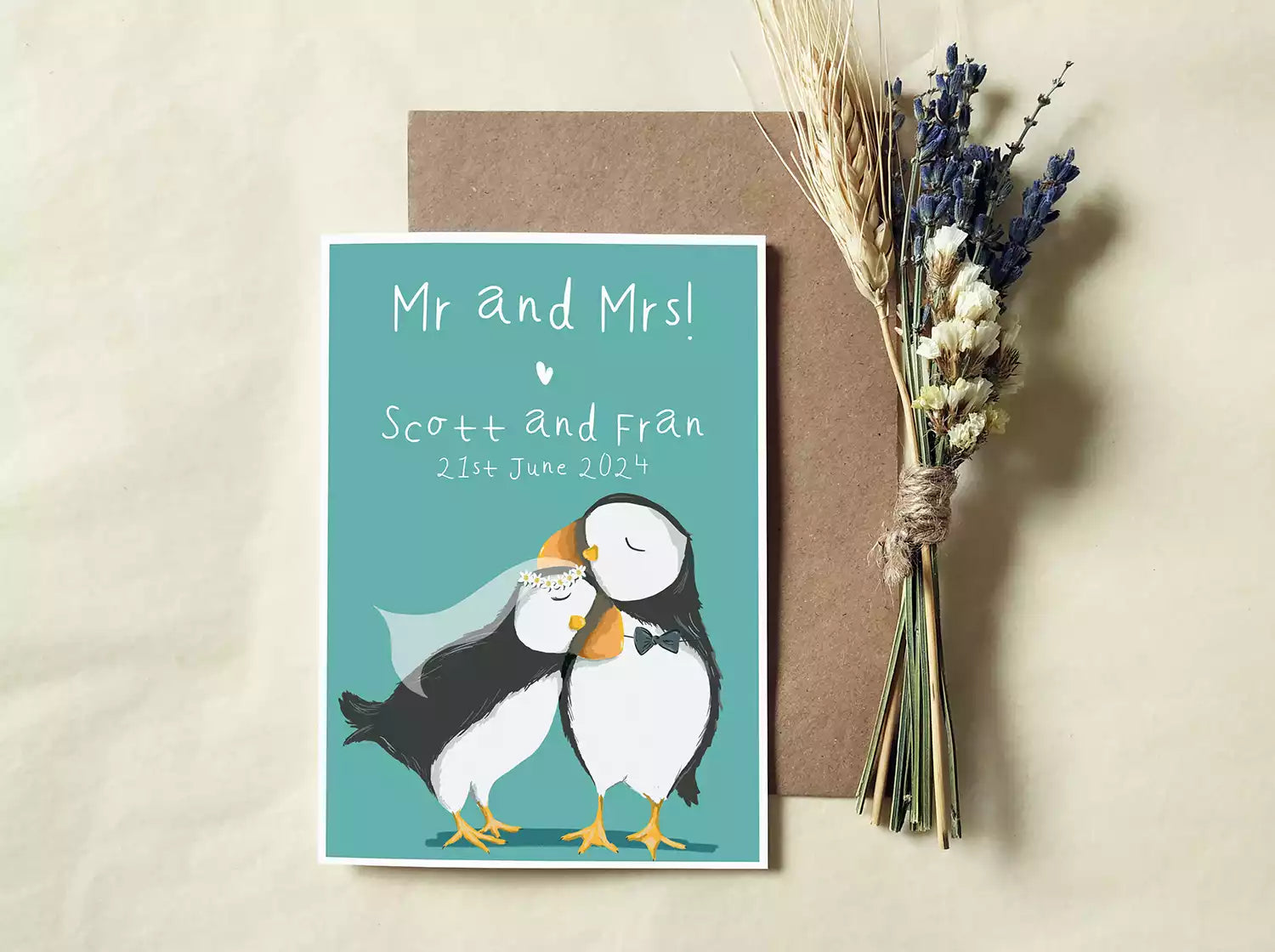 puffin wedding card with text 'mr and mrs!' and personalised with couple's names
