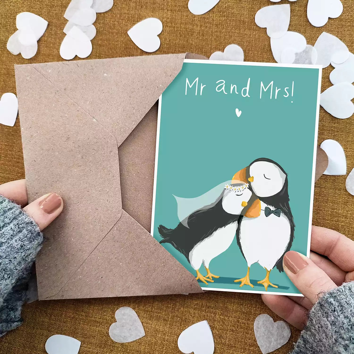 puffin wedding card with text 'mr and mrs!' and personalised with couple's names