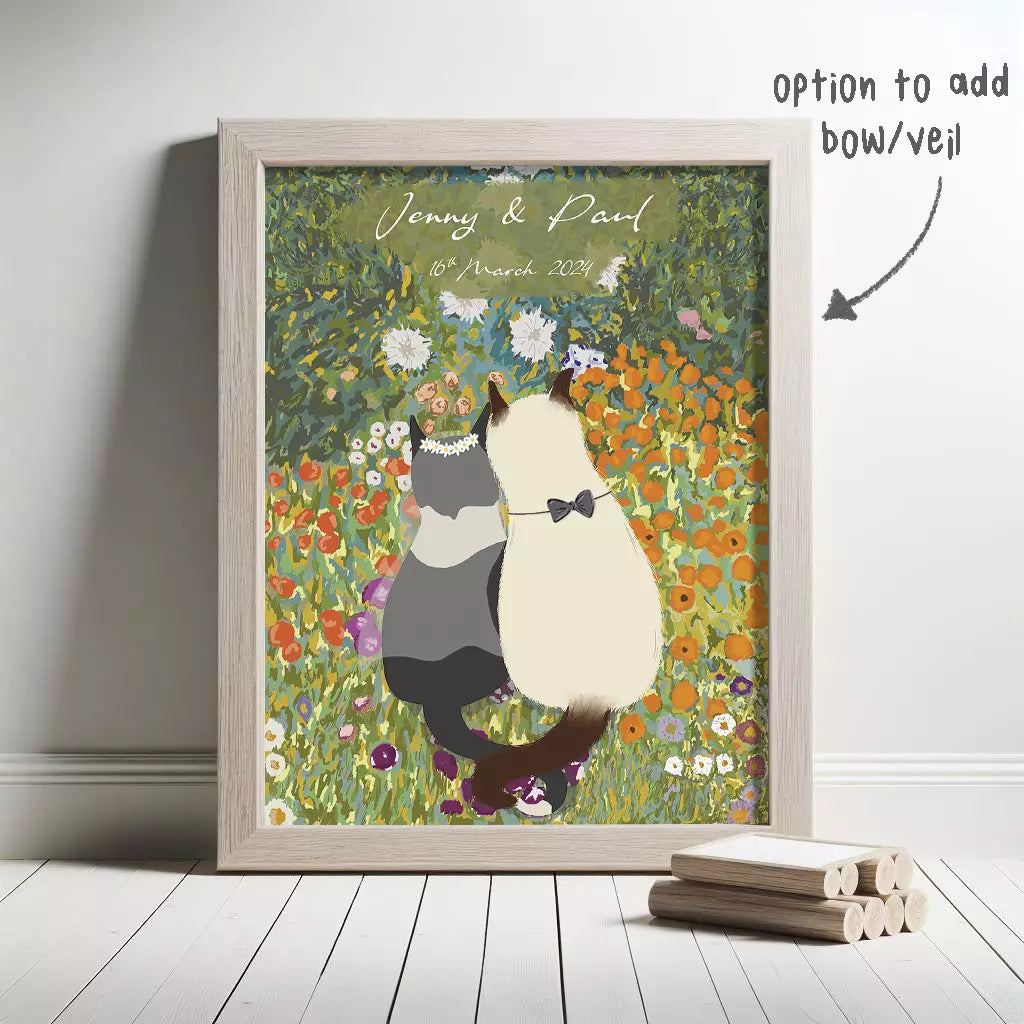 custom cat couple print with a floral background. Text includes name and date of couple's wedding